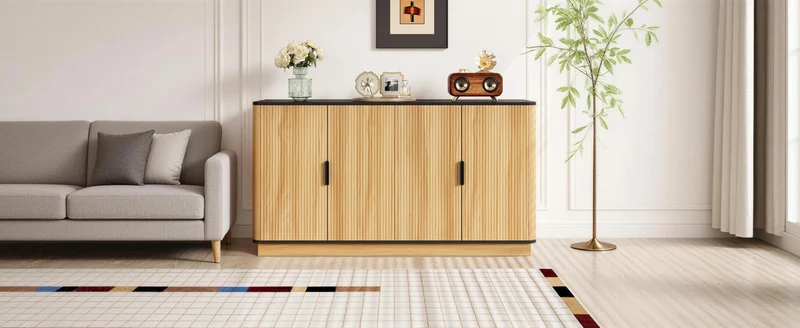 Buffet effet bois 4 portes au design contemporain et cannage bois 139x40x75cm CLASSICARMOIREHOME