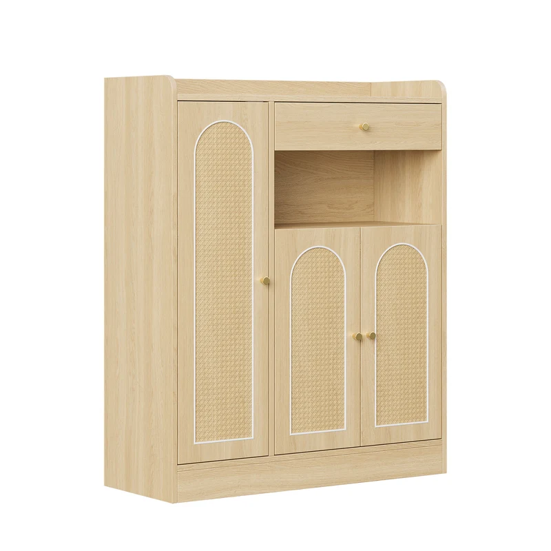 Meuble à chaussures effet bois clair en rotin 3 portes, 1 tiroir 90x35x110 cm CLASSICARMOIREART