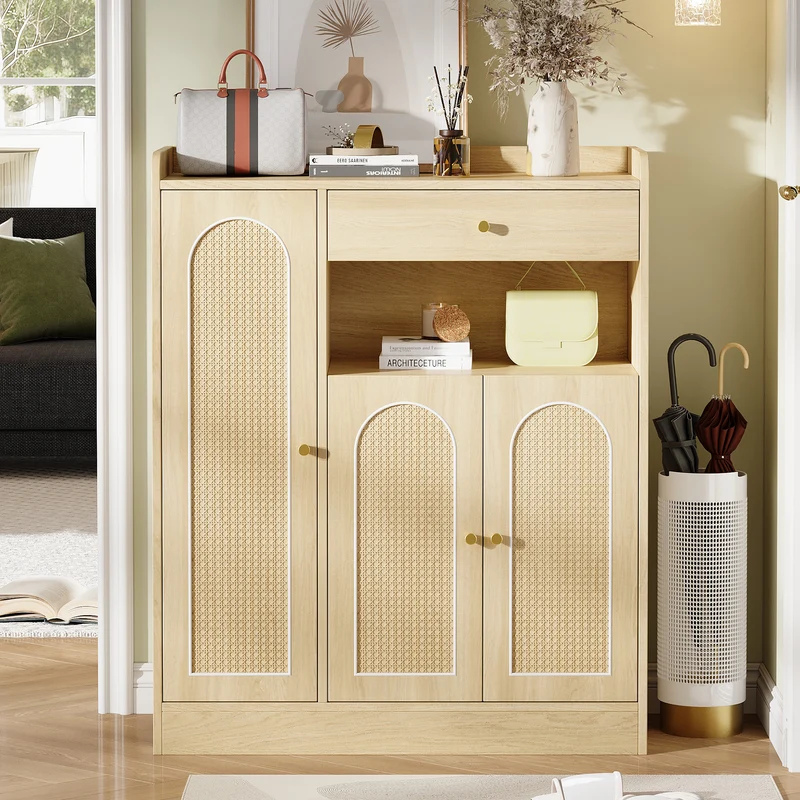 Meuble à chaussures effet bois clair en rotin 3 portes, 1 tiroir 90x35x110 cm CLASSICARMOIREART
