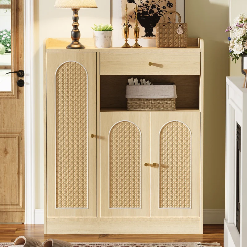 Meuble à chaussures effet bois clair en rotin 3 portes, 1 tiroir 90x35x110 cm CLASSICARMOIREART