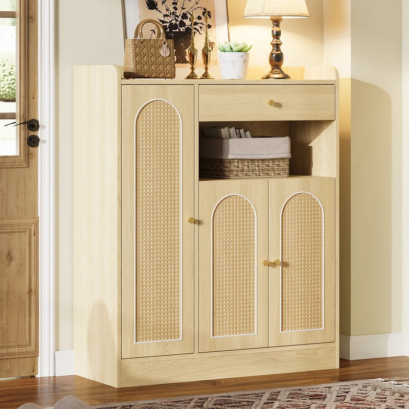 Meuble à chaussures effet bois clair en rotin 3 portes, 1 tiroir 90x35x110 cm CLASSICARMOIREART