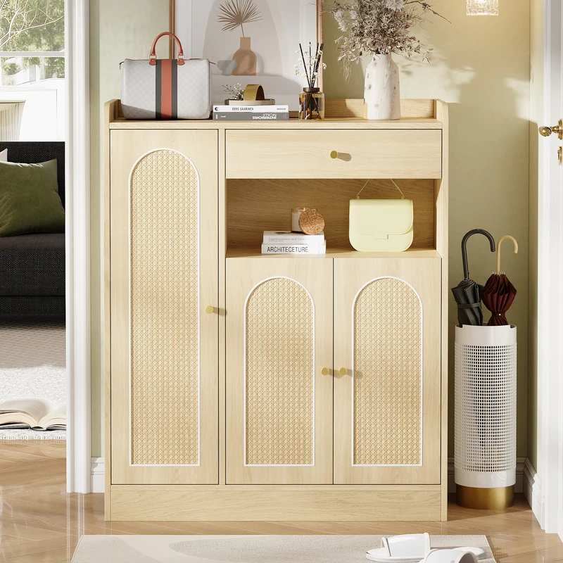 Meuble à chaussures effet bois clair en rotin 3 portes, 1 tiroir 90x35x110 cm CLASSICARMOIREART