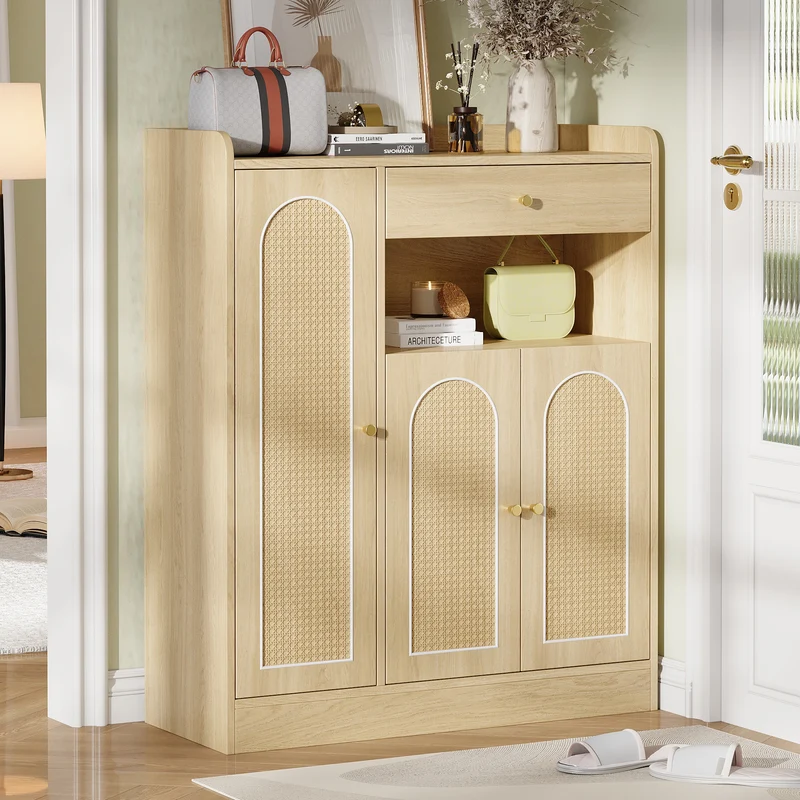 Meuble à chaussures effet bois clair en rotin 3 portes, 1 tiroir 90x35x110 cm CLASSICARMOIREART