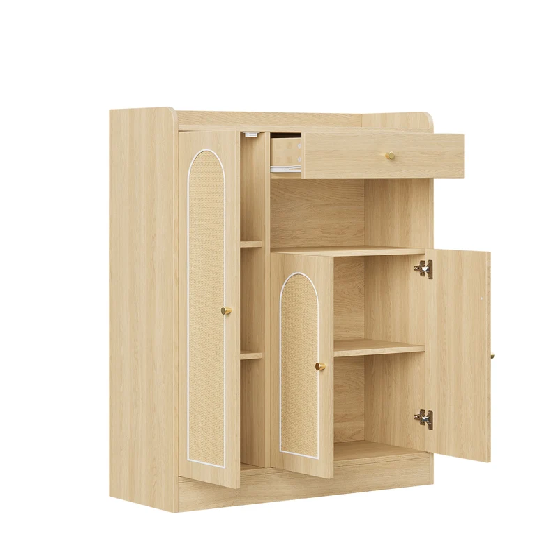 Meuble à chaussures effet bois clair en rotin 3 portes, 1 tiroir 90x35x110 cm CLASSICARMOIREART