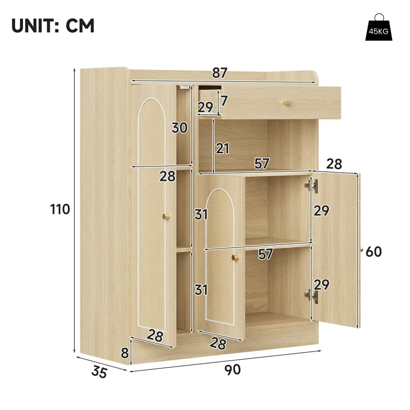 Meuble à chaussures effet bois clair en rotin 3 portes, 1 tiroir 90x35x110 cm CLASSICARMOIREART