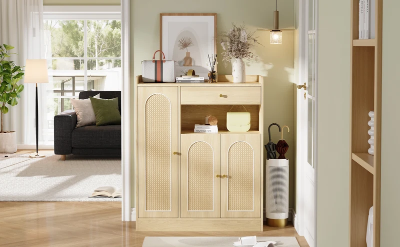Meuble à chaussures effet bois clair en rotin 3 portes, 1 tiroir 90x35x110 cm CLASSICARMOIREART