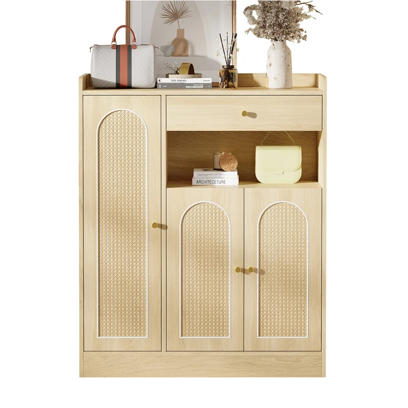 Meuble à chaussures effet bois clair en rotin 3 portes, 1 tiroir 90x35x110 cm CLASSICARMOIREART