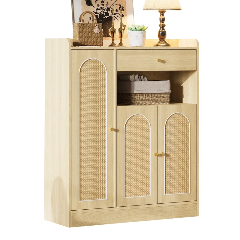 Meuble à chaussures effet bois clair en rotin 3 portes, 1 tiroir 90x35x110 cm CLASSICARMOIREART