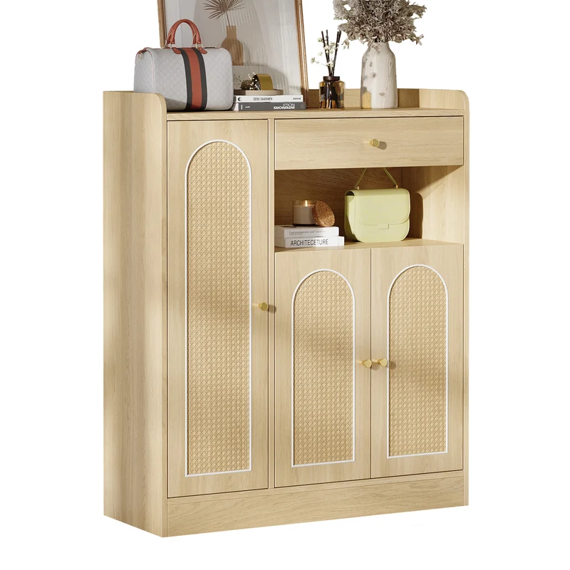 Meuble à chaussures effet bois clair en rotin 3 portes, 1 tiroir 90x35x110 cm CLASSICARMOIREART