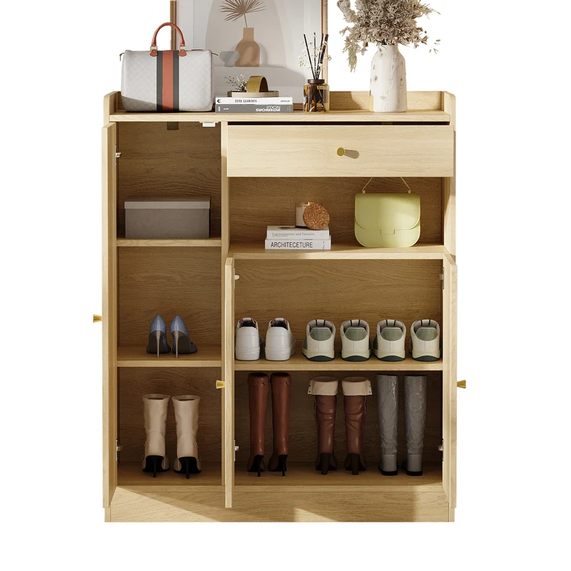Meuble à chaussures effet bois clair en rotin 3 portes, 1 tiroir 90x35x110 cm CLASSICARMOIREART