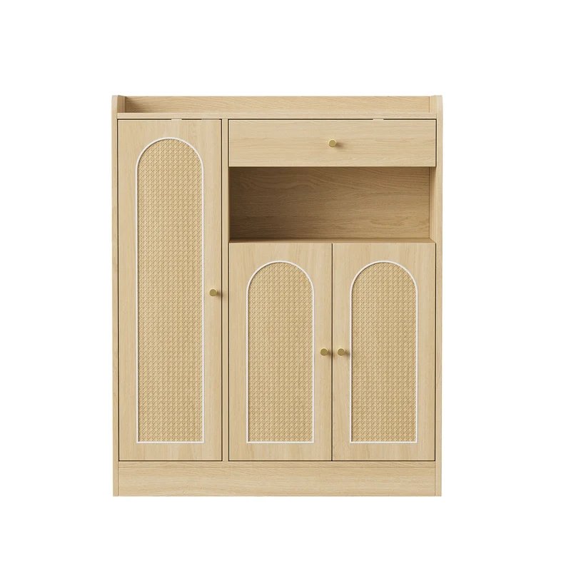 Meuble à chaussures effet bois clair en rotin 3 portes, 1 tiroir 90x35x110 cm CLASSICARMOIREART