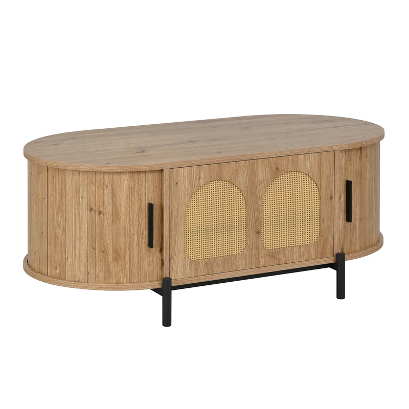 Table basse ovale effet bois naturel avec portes coulissantes en rotin 100x50x40cm BIRCHLINE