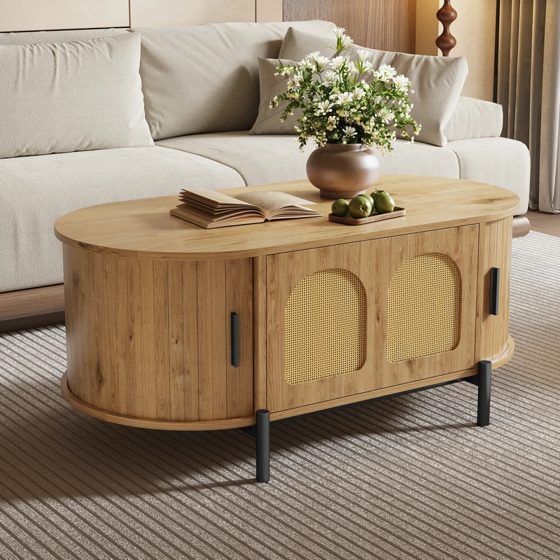 Table basse ovale effet bois naturel avec portes coulissantes en rotin 100x50x40cm BIRCHLINE
