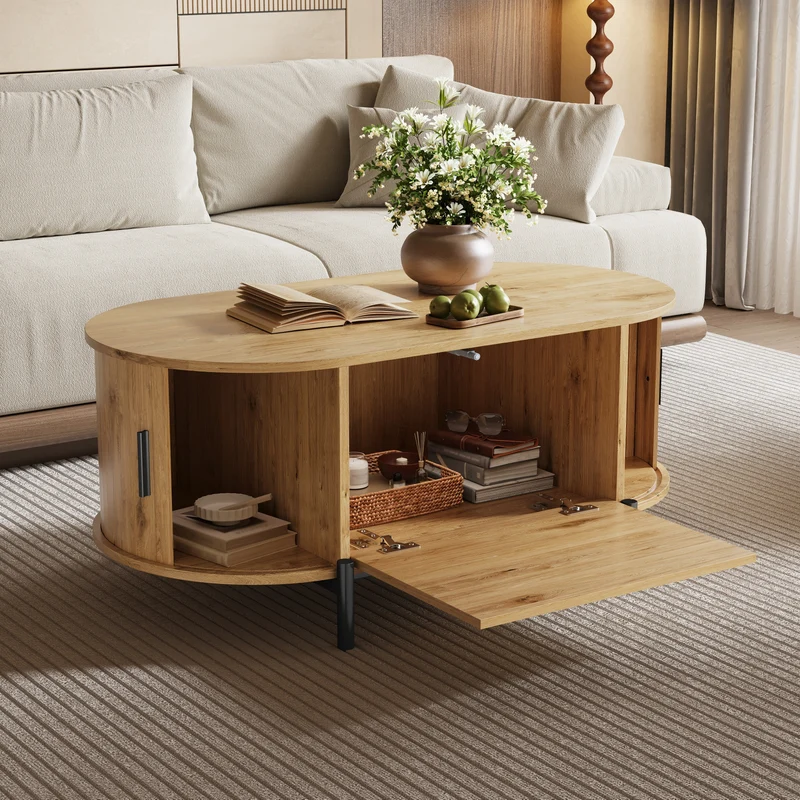 Table basse ovale effet bois naturel avec portes coulissantes en rotin 100x50x40cm BIRCHLINE