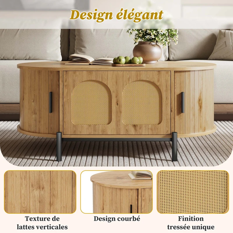 Table basse ovale effet bois naturel avec portes coulissantes en rotin 100x50x40cm BIRCHLINE
