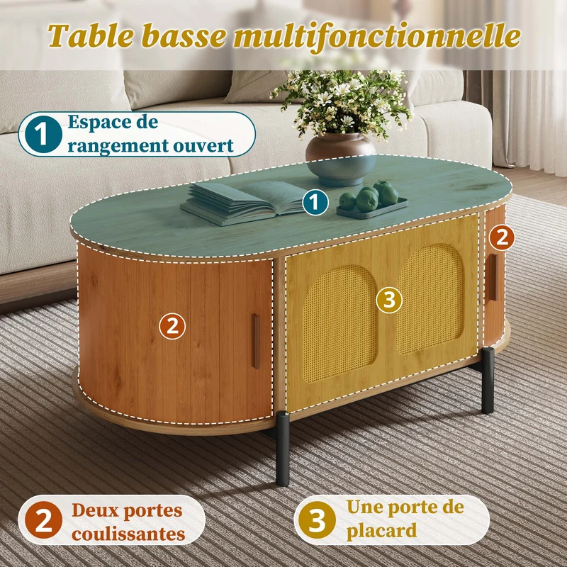 Table basse ovale effet bois naturel avec portes coulissantes en rotin 100x50x40cm BIRCHLINE