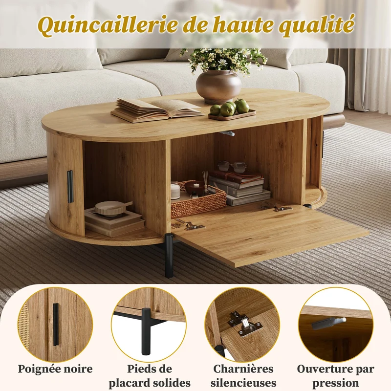 Table basse ovale effet bois naturel avec portes coulissantes en rotin 100x50x40cm BIRCHLINE