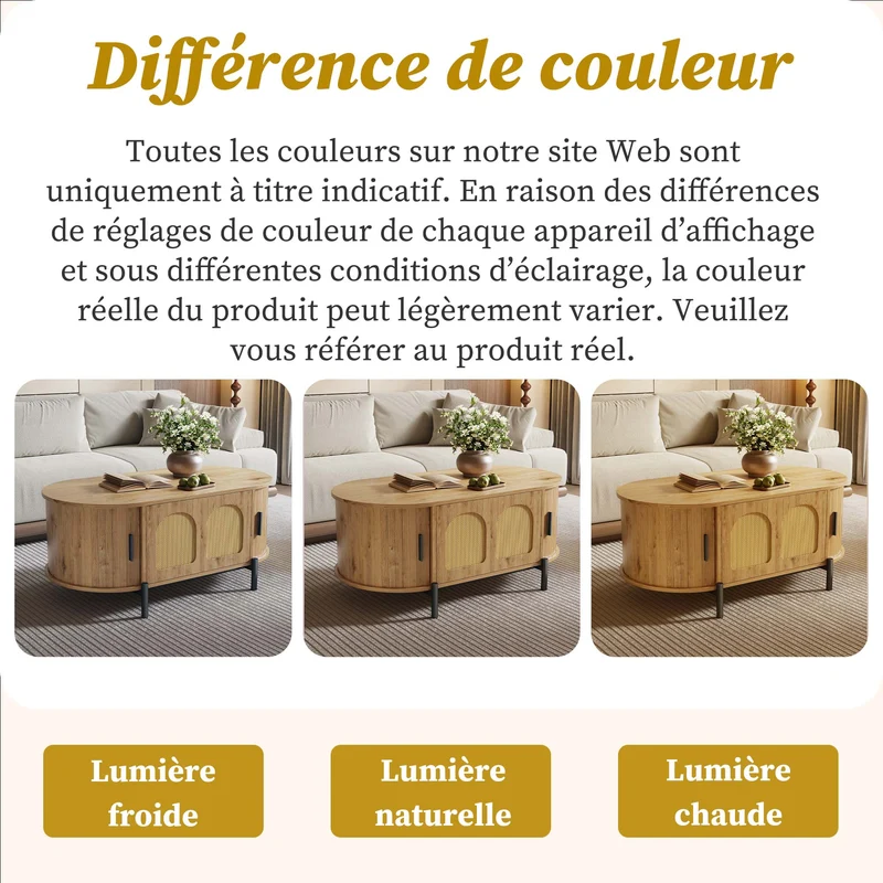 Table basse ovale effet bois naturel avec portes coulissantes en rotin 100x50x40cm BIRCHLINE