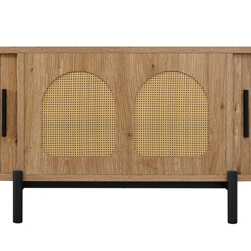 Table basse ovale effet bois naturel avec portes coulissantes en rotin 100x50x40cm BIRCHLINE