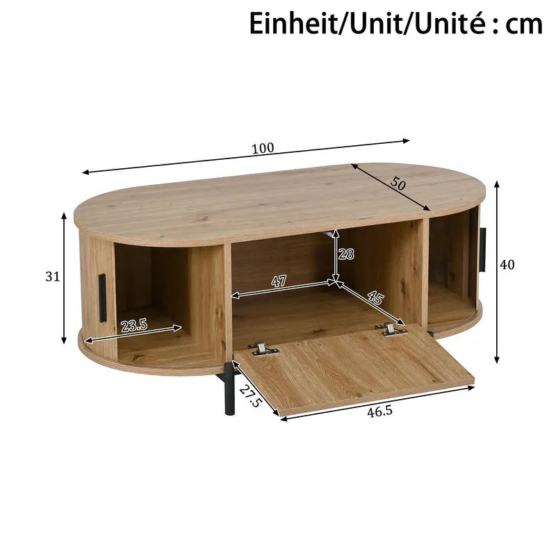 Table basse ovale effet bois naturel avec portes coulissantes en rotin 100x50x40cm BIRCHLINE