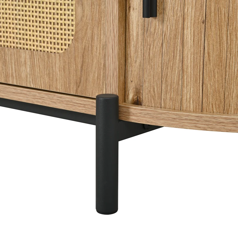 Table basse ovale effet bois naturel avec portes coulissantes en rotin 100x50x40cm BIRCHLINE