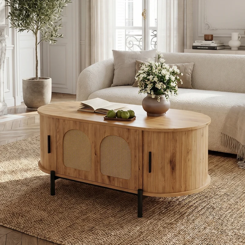 Table basse ovale effet bois naturel avec portes coulissantes en rotin 100x50x40cm BIRCHLINE