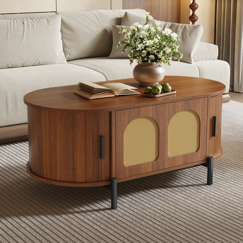 Table basse ovale effet noyer portes en rotin, pieds métal noir 100x50cm BIRCHMAX