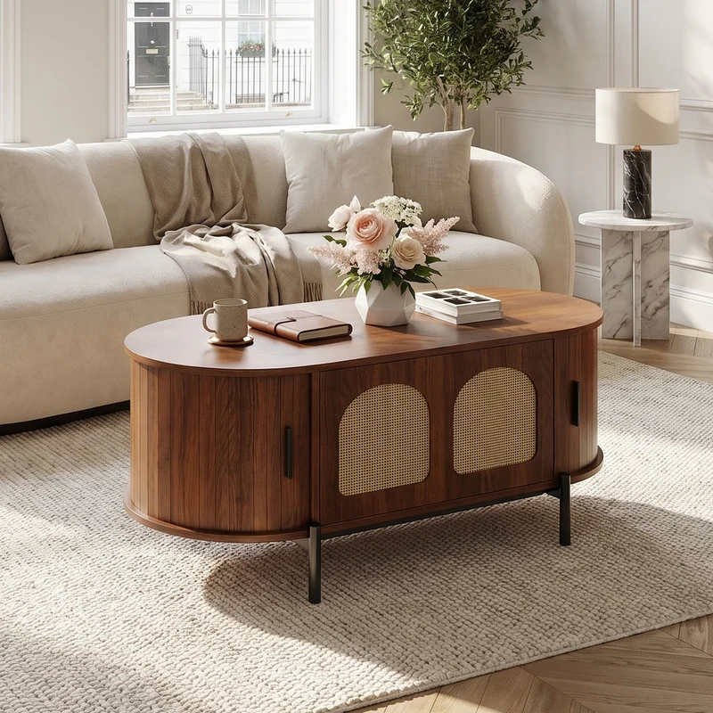 Table basse ovale effet noyer portes en rotin, pieds métal noir 100x50cm BIRCHMAX