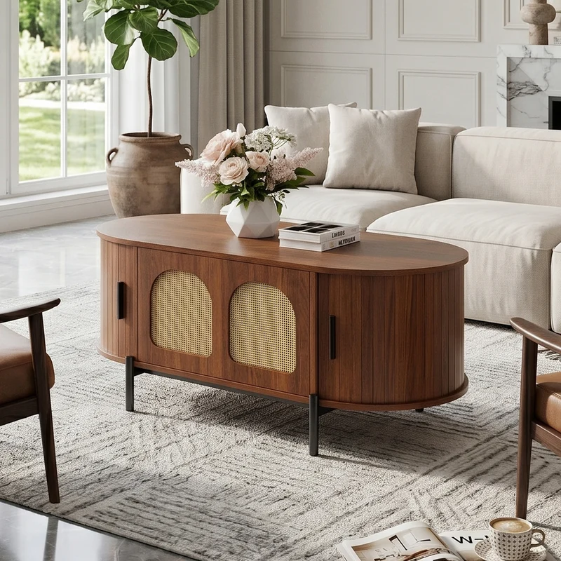 Table basse ovale effet noyer portes en rotin, pieds métal noir 100x50cm BIRCHMAX