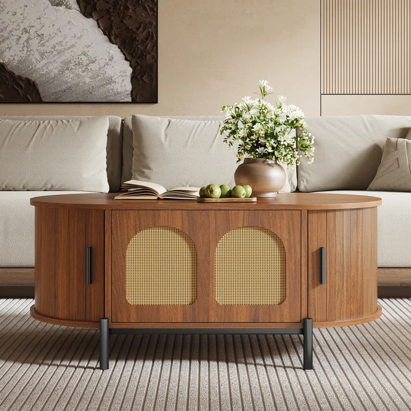 Table basse ovale effet noyer portes en rotin, pieds métal noir 100x50cm BIRCHMAX