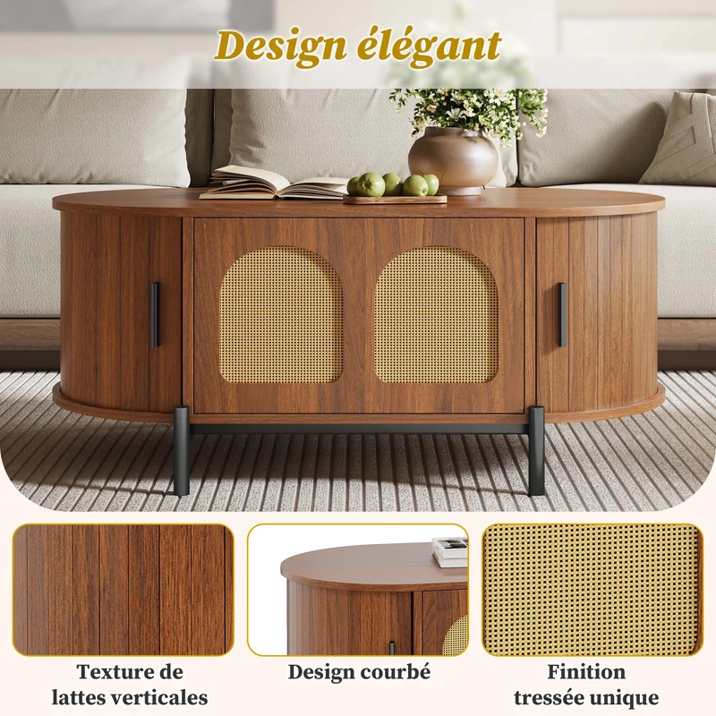 Table basse ovale effet noyer portes en rotin, pieds métal noir 100x50cm BIRCHMAX
