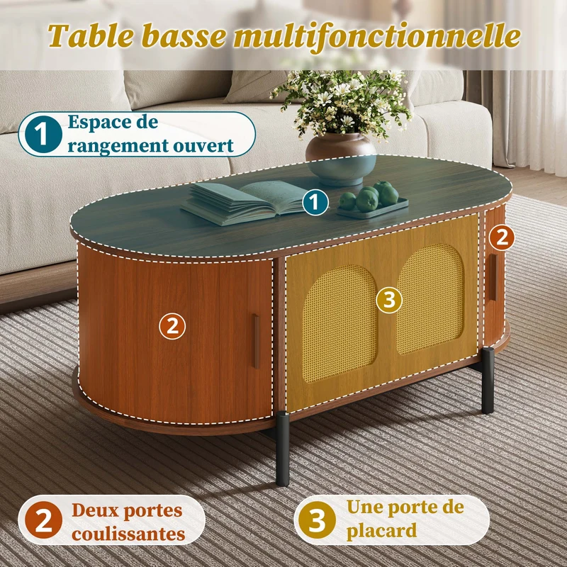 Table basse ovale effet noyer portes en rotin, pieds métal noir 100x50cm BIRCHMAX
