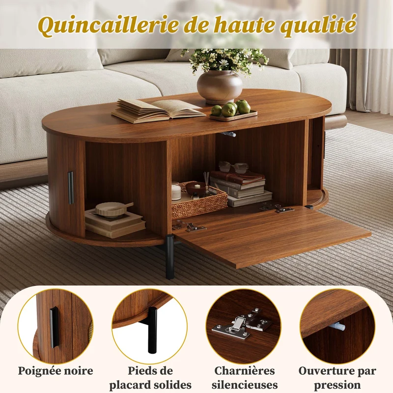 Table basse ovale effet noyer portes en rotin, pieds métal noir 100x50cm BIRCHMAX