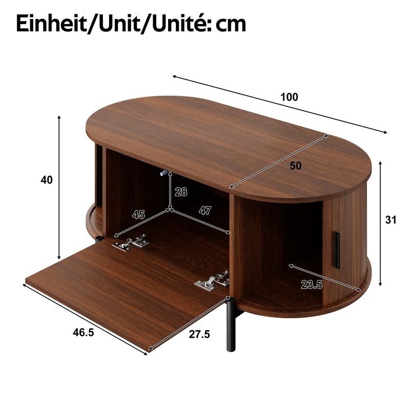 Table basse ovale effet noyer portes en rotin, pieds métal noir 100x50cm BIRCHMAX