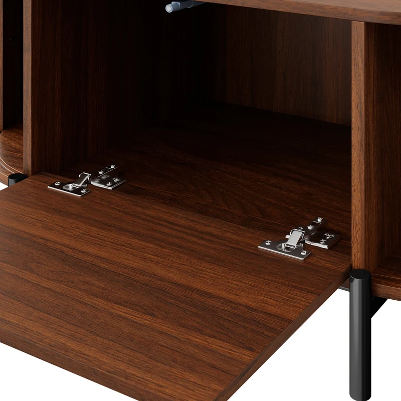 Table basse ovale effet noyer portes en rotin, pieds métal noir 100x50cm BIRCHMAX