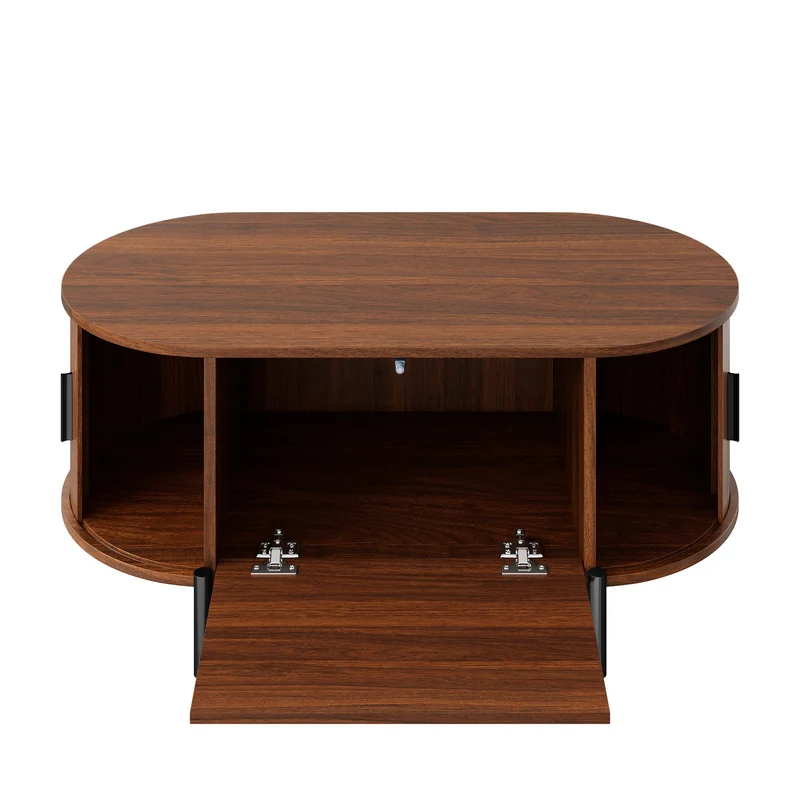 Table basse ovale effet noyer portes en rotin, pieds métal noir 100x50cm BIRCHMAX
