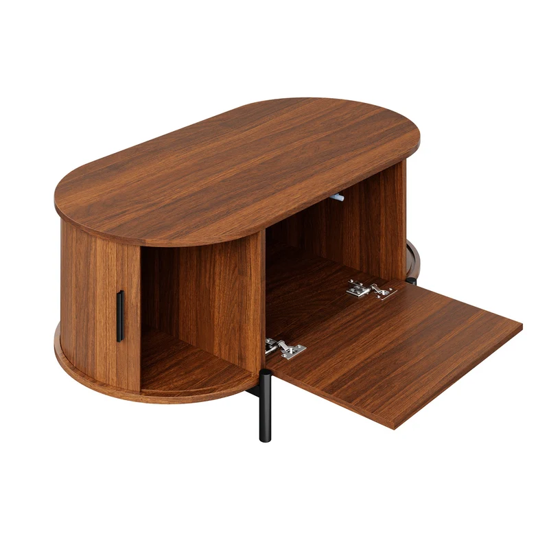 Table basse ovale effet noyer portes en rotin, pieds métal noir 100x50cm BIRCHMAX