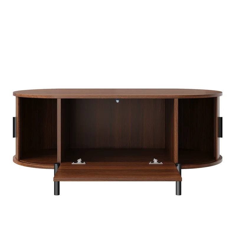 Table basse ovale effet noyer portes en rotin, pieds métal noir 100x50cm BIRCHMAX