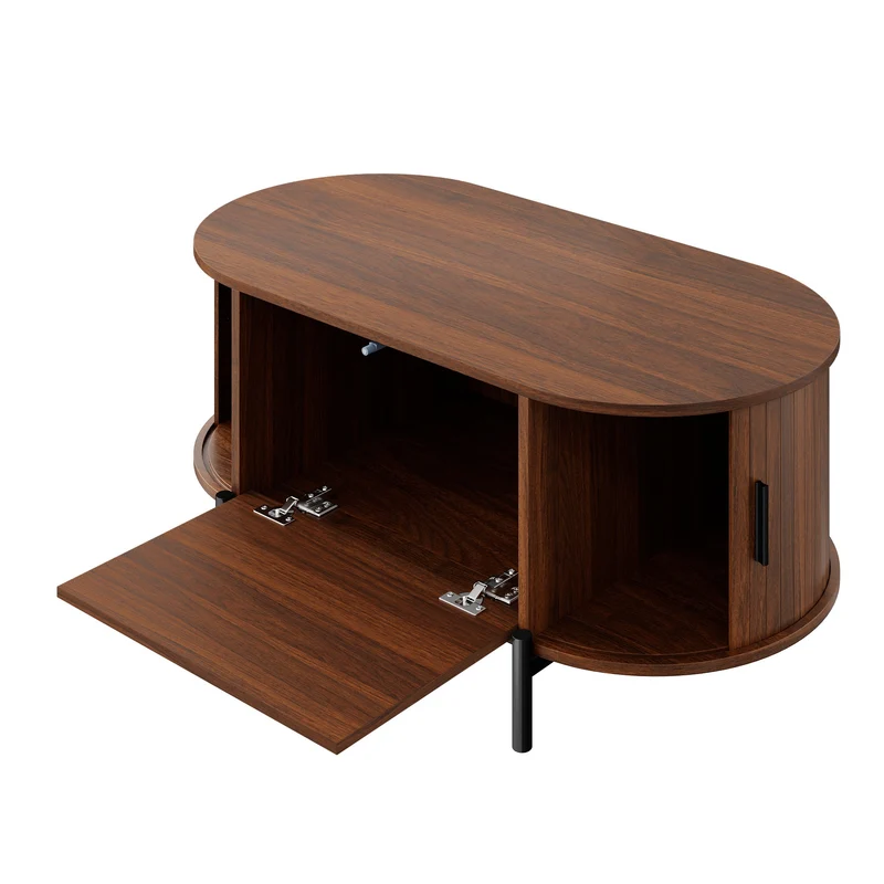 Table basse ovale effet noyer portes en rotin, pieds métal noir 100x50cm BIRCHMAX