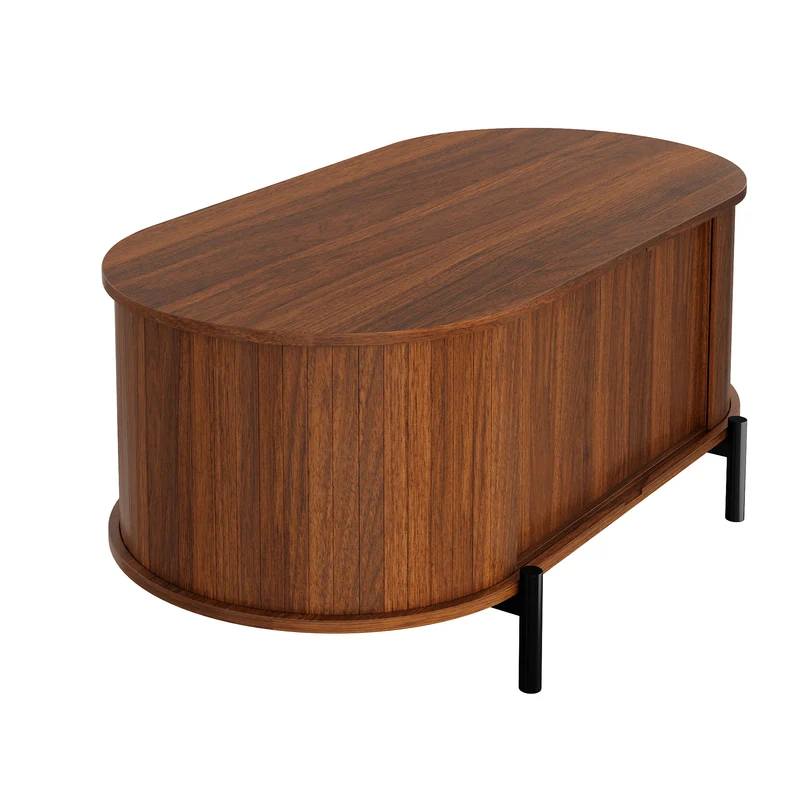 Table basse ovale effet noyer portes en rotin, pieds métal noir 100x50cm BIRCHMAX