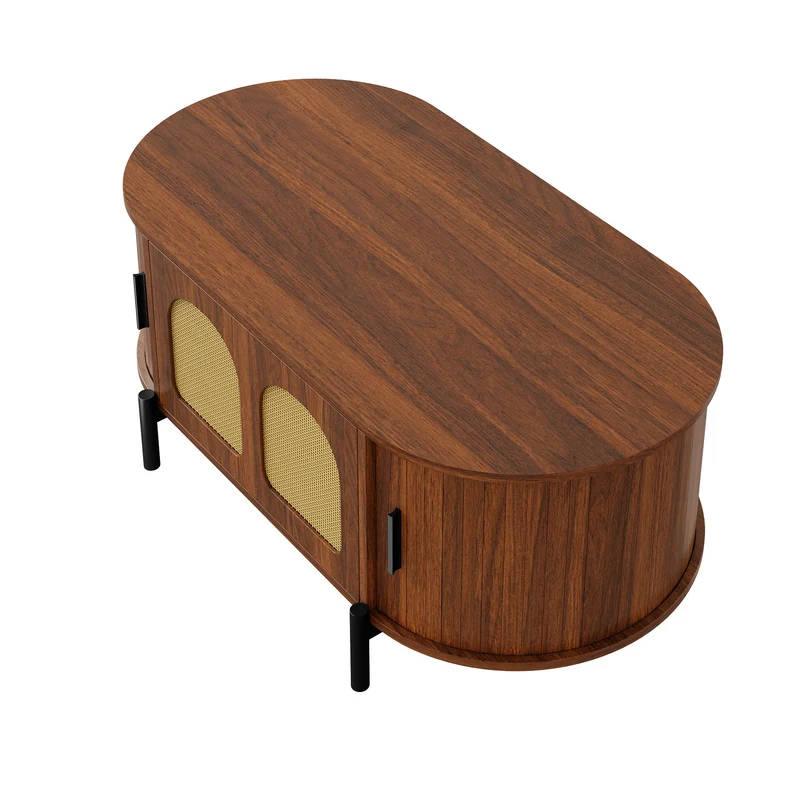 Table basse ovale effet noyer portes en rotin, pieds métal noir 100x50cm BIRCHMAX