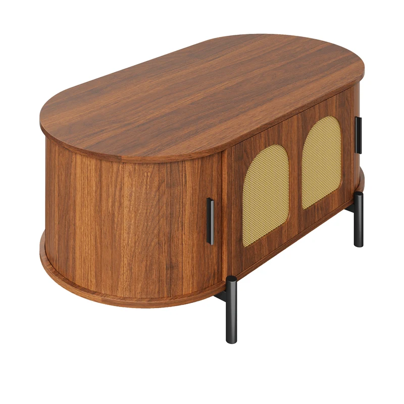 Table basse ovale effet noyer portes en rotin, pieds métal noir 100x50cm BIRCHMAX
