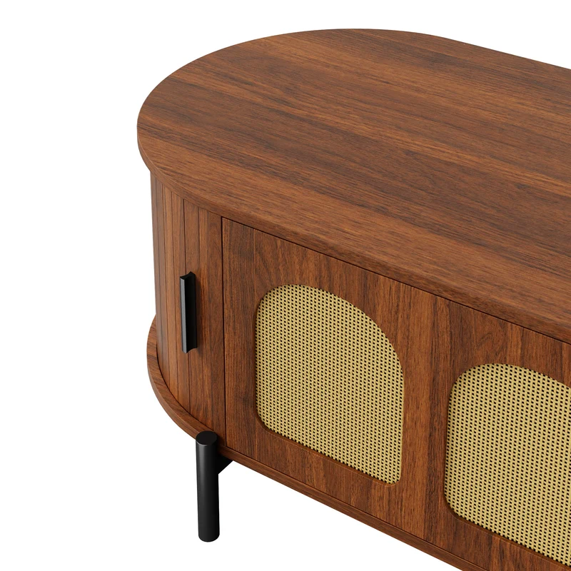 Table basse ovale effet noyer portes en rotin, pieds métal noir 100x50cm BIRCHMAX