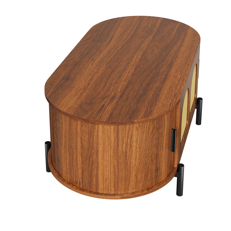 Table basse ovale effet noyer portes en rotin, pieds métal noir 100x50cm BIRCHMAX