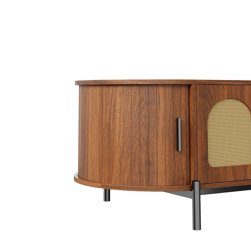 Table basse ovale effet noyer portes en rotin, pieds métal noir 100x50cm BIRCHMAX