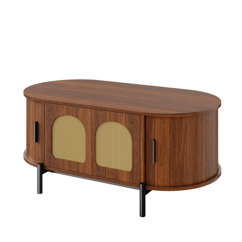 Table basse ovale effet noyer portes en rotin, pieds métal noir 100x50cm BIRCHMAX