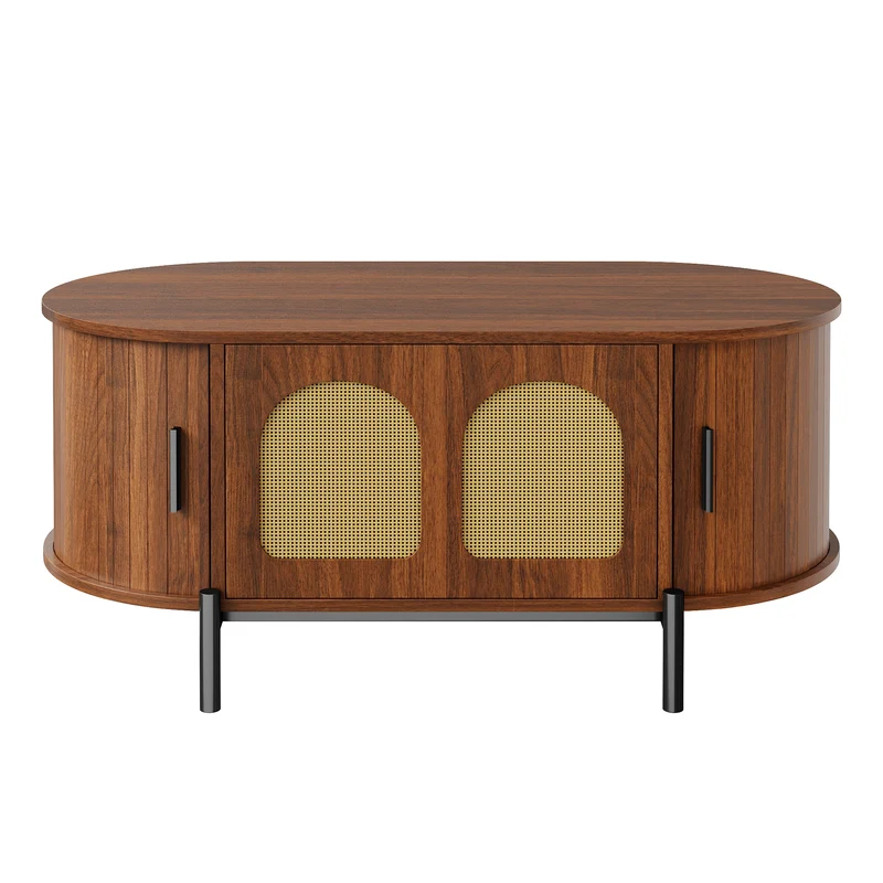 Table basse ovale effet noyer portes en rotin, pieds métal noir 100x50cm BIRCHMAX