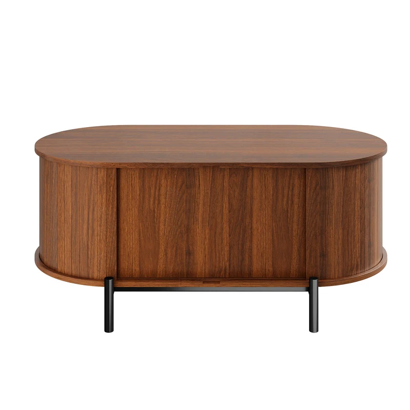 Table basse ovale effet noyer portes en rotin, pieds métal noir 100x50cm BIRCHMAX