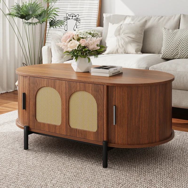 Table basse ovale effet noyer portes en rotin, pieds métal noir 100x50cm BIRCHMAX