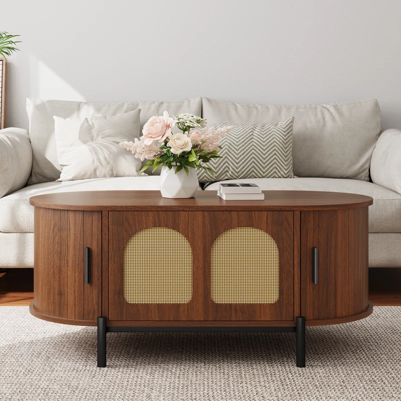Table basse ovale effet noyer portes en rotin, pieds métal noir 100x50cm BIRCHMAX